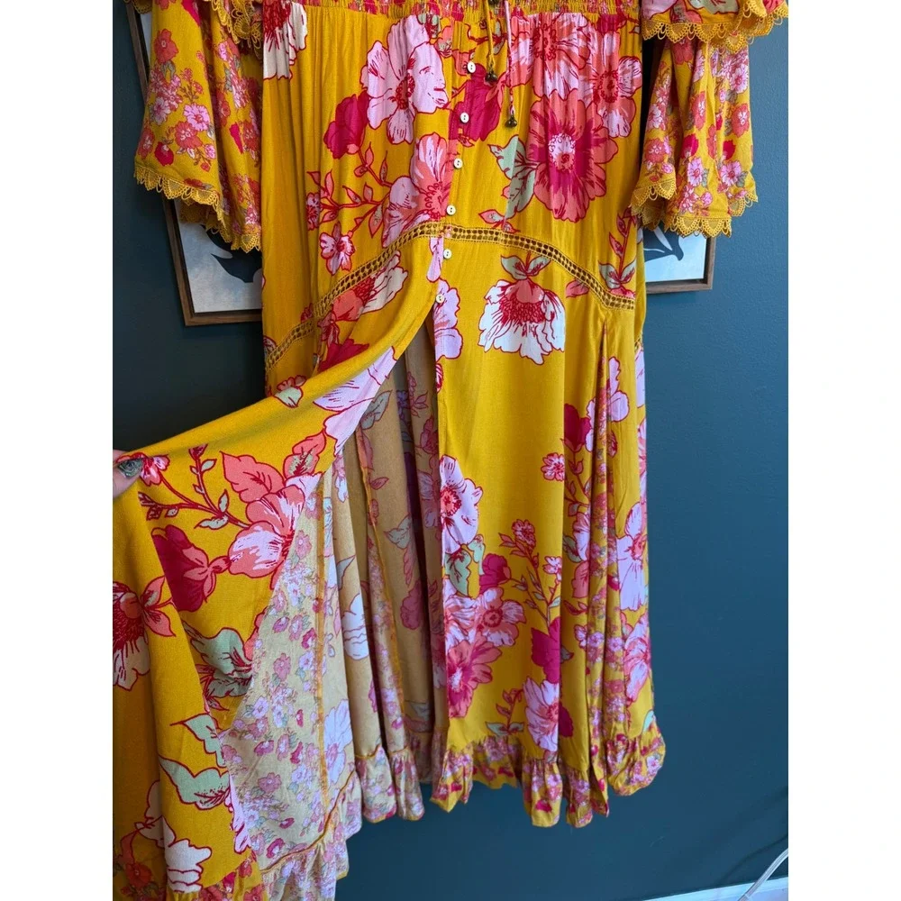 Free People Intimately Penny Printed Maxi Bodysuit Gold Floral Boho Dress M